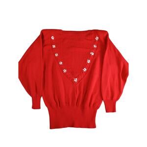 Vintage That's Me Sweater Womens Medium Red Knit Floral Padded Shoulders